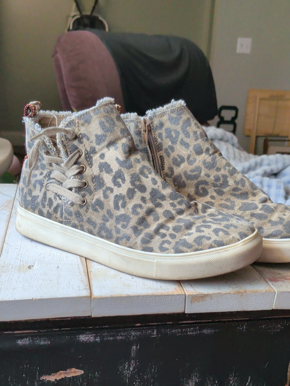 Women's Leopard Print High-Top Slip-On Sneakers - Beige